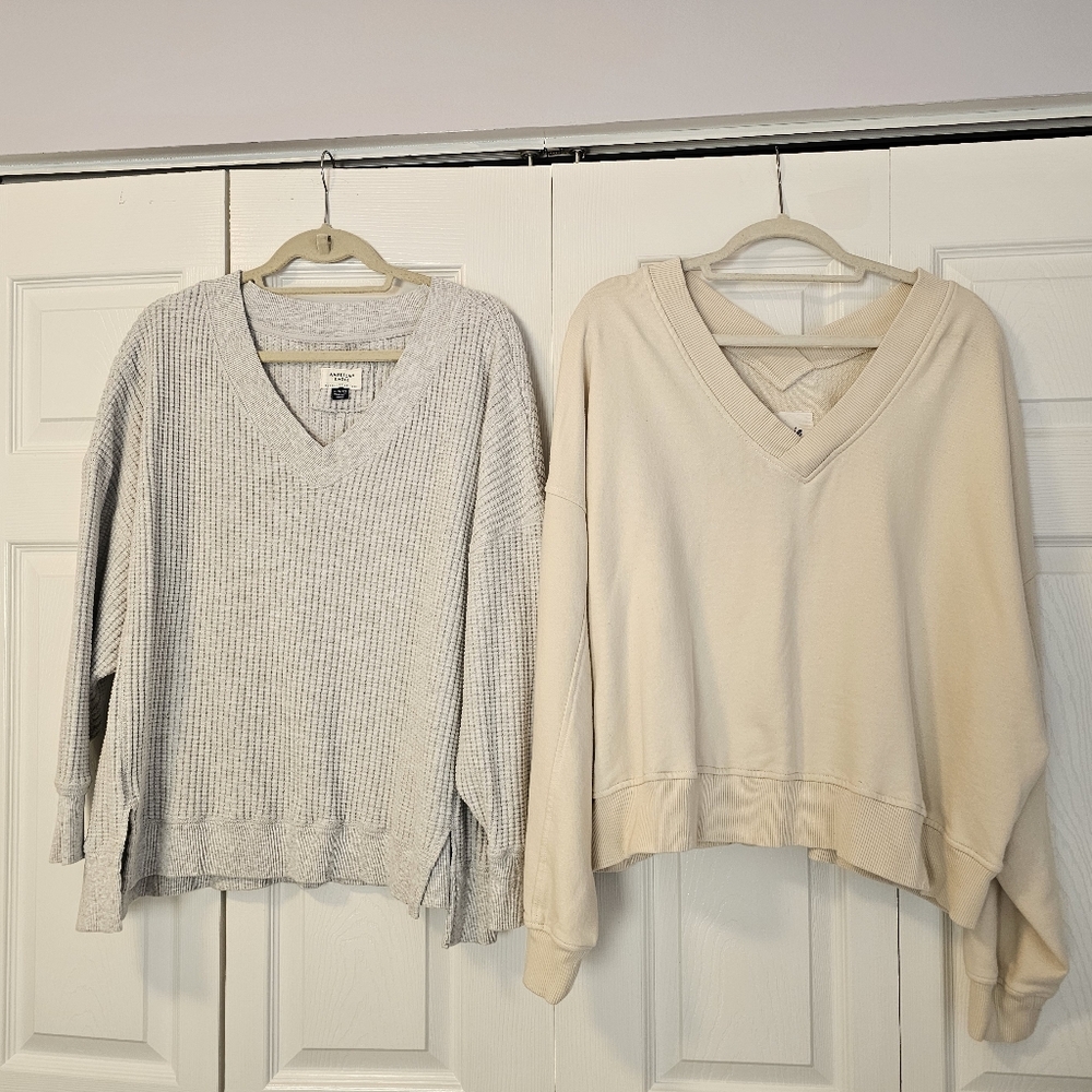 Aerie & American Eagle V-Neck Sweatshirt Duo - Gray, Cream - NWOT